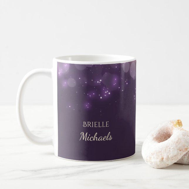 Elegant Purple Glitter Bokeh Sparkles With Name Coffee Mug (With Donut)