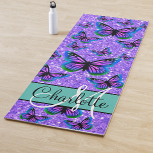 Elegant purple glitter butterflies monogram yoga mat