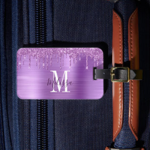 Elegant Purple Glitter Drip Monogram Luggage Tag