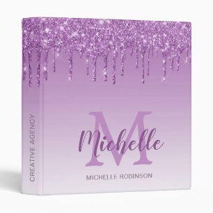 Elegant Purple Glitter Drips Monogrammed Binder