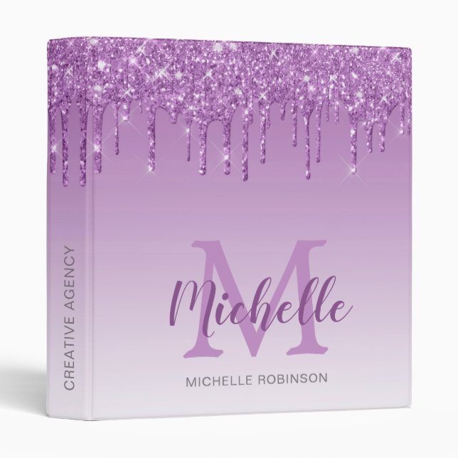 Elegant Purple Glitter Drips Monogrammed Binder (Front/Spine)