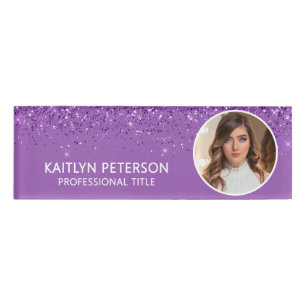 Elegant Purple Glitter Employee Photo ID Name Tag