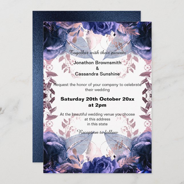 ELEGANT PURPLE GLITTER FLORAL NAVY  WEDDING INVITATION (Front/Back)