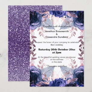 ELEGANT PURPLE GLITTER FLORAL NAVY WEDDING INVITATION