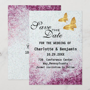 Elegant Purple Glitter & Gold Butterfly Save The Date