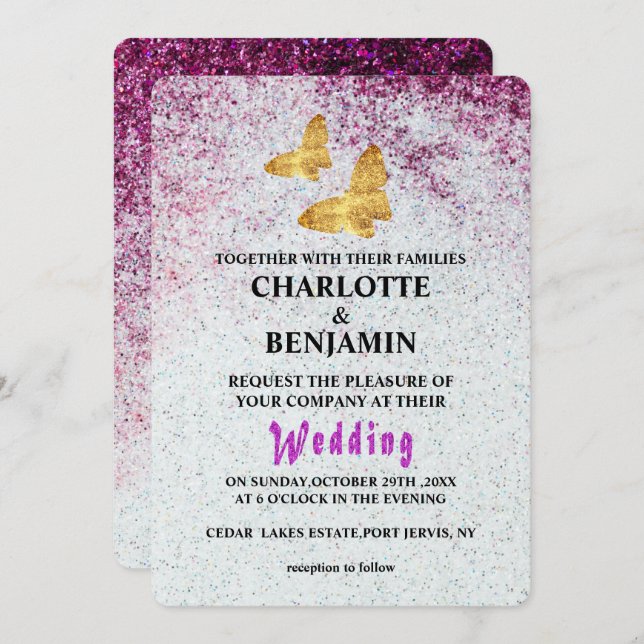 Elegant Purple Glitter & Gold Butterfly Wedding In Invitation (Front/Back)