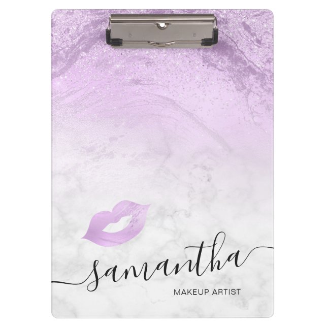 Elegant purple glitter lips marble makeup artist clipboard (Front)
