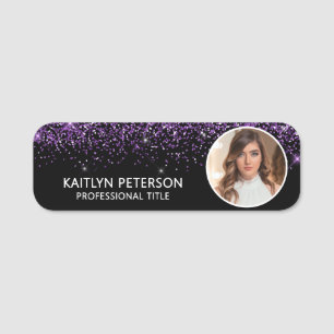 Elegant Purple Glitter Magnetic Employee Photo ID Name Tag