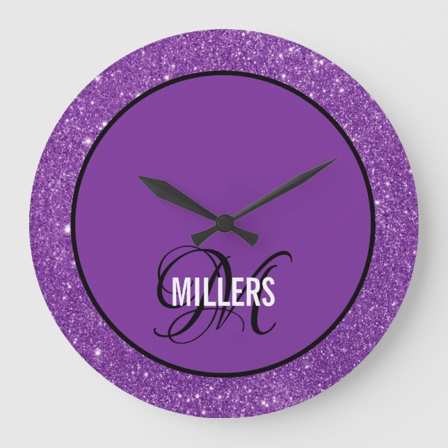 Elegant purple glitter monogram family name large clock (Front)