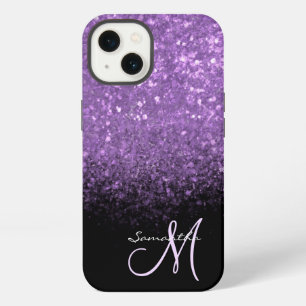 Elegant purple glitter Ombre & Black Monogrammed iPhone 13 Case