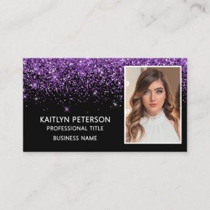 Elegant Purple Glitter Photo QR Code Black Business Card