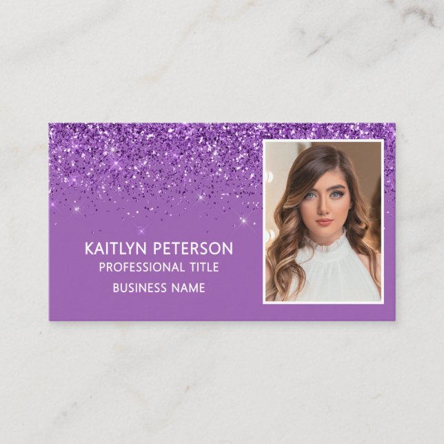 Elegant Purple Glitter Photo QR Code  Business Card (Front)