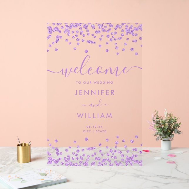 Elegant Purple Glitter Wedding Party Welcome  Acrylic Sign (Wedding)