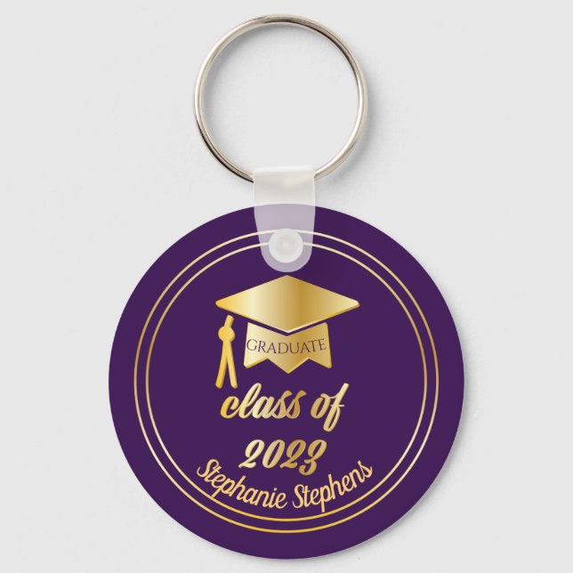 Elegant Purple |Gold 2022 Graduate Cap Graduation  Keychain (Front)