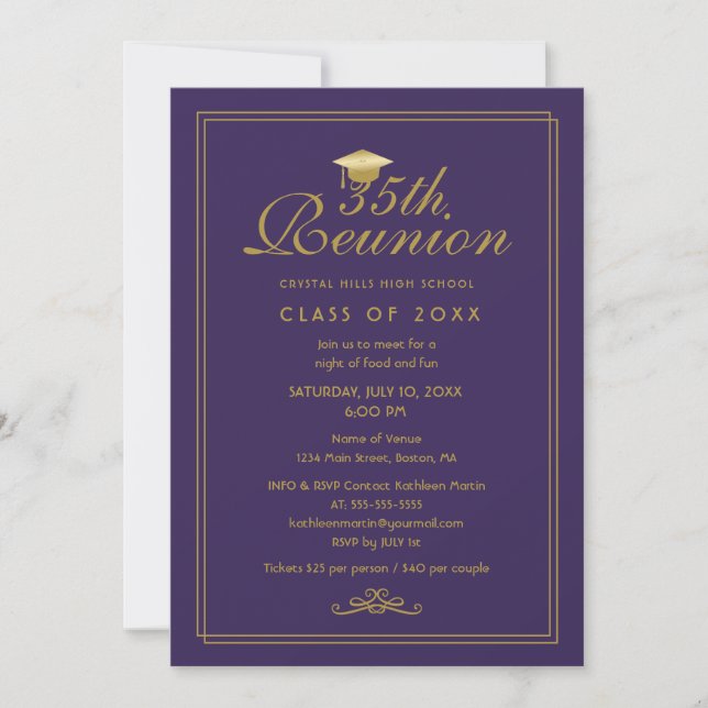 Elegant Purple Gold 35th Class Reunion Invitation (Front)