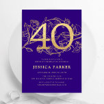 Elegant Purple Gold 40th Birthday Invitation<br><div class="desc">Elegant purple gold 40th birthday party invitation. Customizable modern feminine design featuring roses botanical accents and faux glitter gold. Simple floral invite card perfect for a stylish female bday celebration. Personalize with your own details. Printed Zazzle invitations or instant download digital printable template.</div>