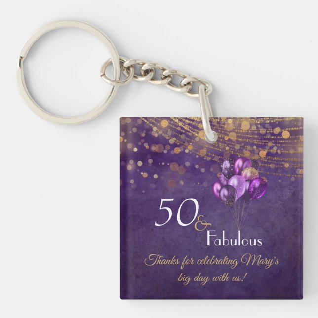 Elegant Purple Gold 50 Fabulous Birthday Favour Keychain (Front)