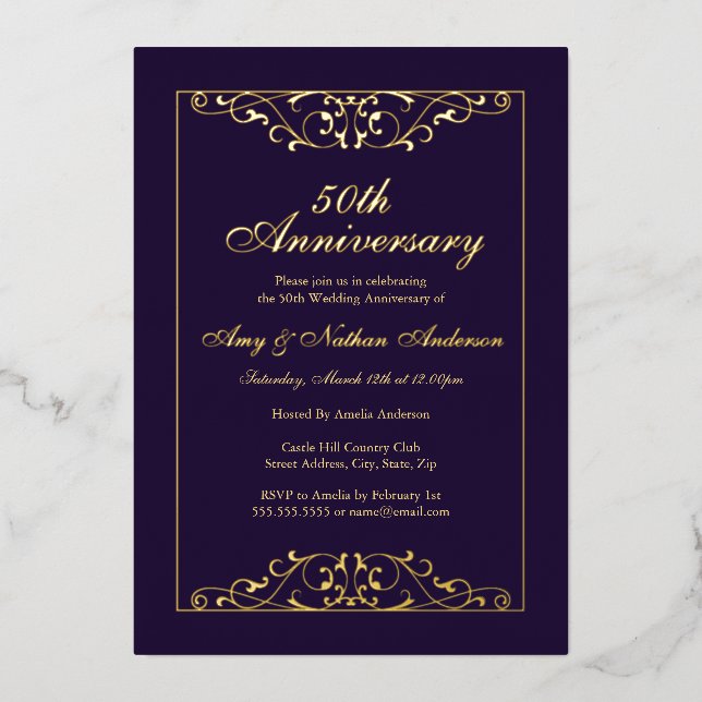 Elegant Purple Gold 50th Wedding Anniversary  (Front)
