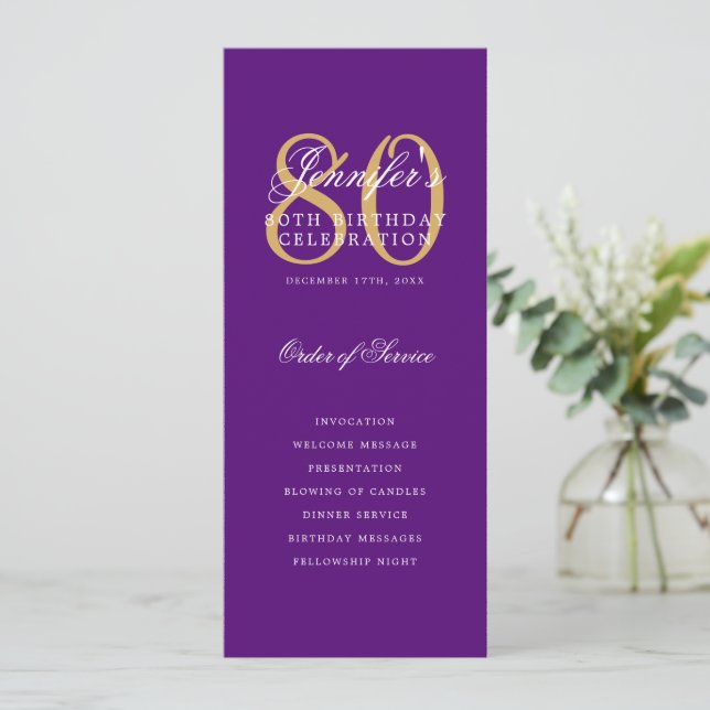 Elegant Purple Gold 80th Birthday Program + Menu (Standing Front)