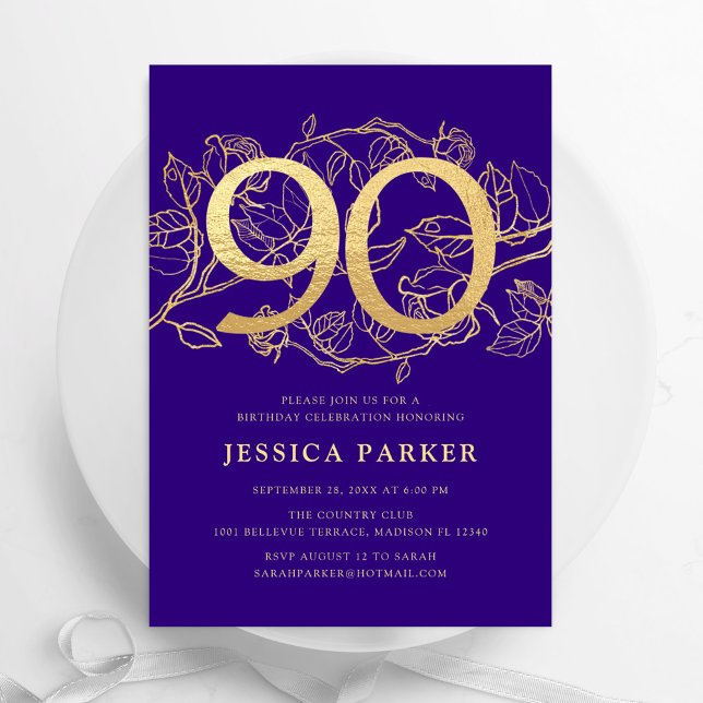 Elegant Purple Gold 90th Birthday Invitation (Creator Uploaded)