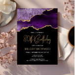 Elegant Purple Gold Agate 80th Birthday Invitation<br><div class="desc">This trendy 80th birthday invitation features a watercolor image of an agate geode in shades of purple with faux gold highlights. The words "80th Birthday" appear in faux gold glitter in decorative modern handwriting font. Customize it with the name of the honoree in gold coloured text and the details in...</div>