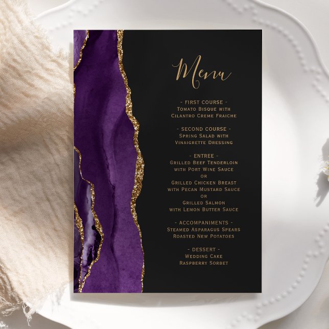 Elegant Purple Gold Agate Dark Wedding Menu (Creator Uploaded)