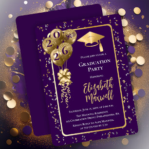Elegant Purple Gold Balloons Graduation Party Invitation