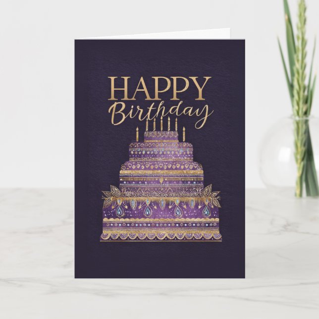 Elegant Purple & Gold Birthday Cake Card (Front)
