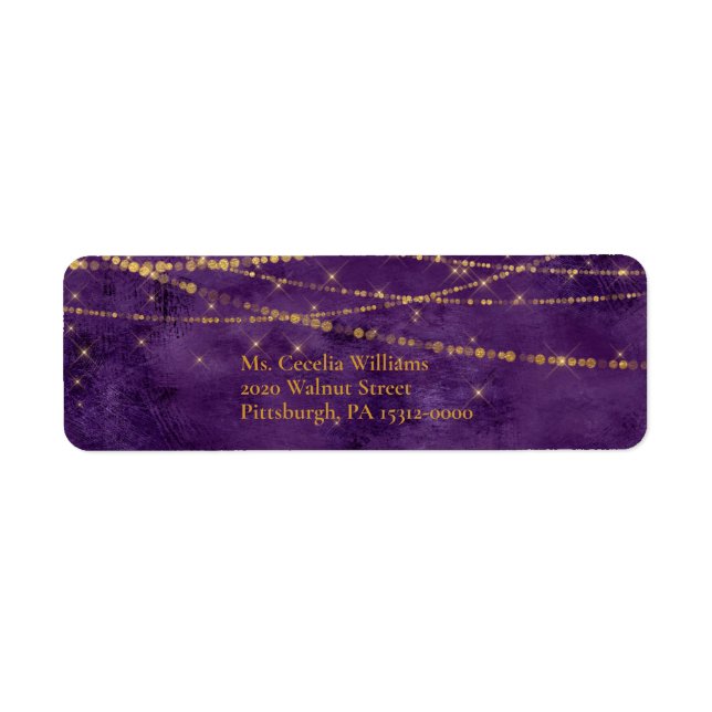 Elegant Purple/Gold Bokeh with String Lights Label (Front)
