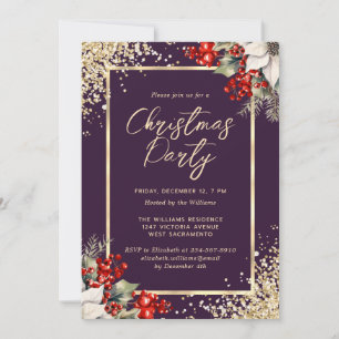Elegant Purple Gold Botanical Christmas Party Invitation