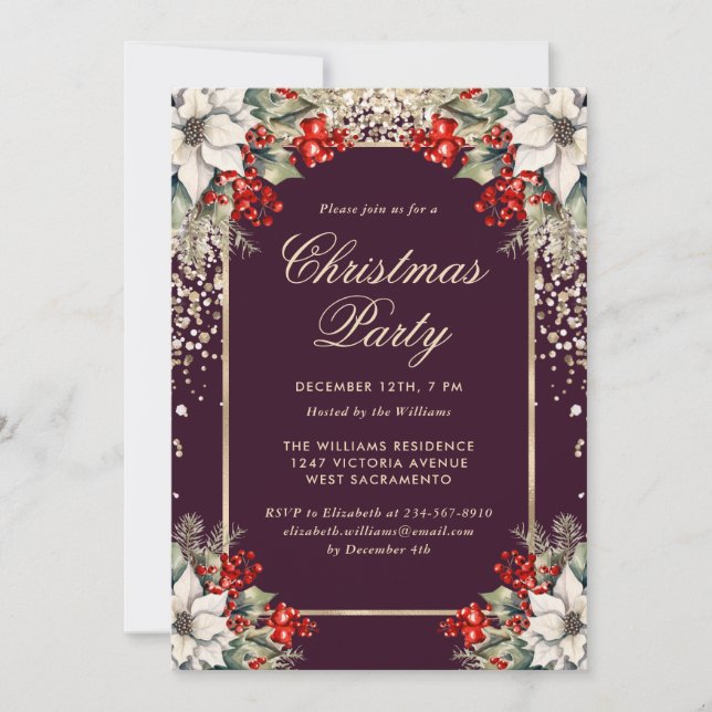 Elegant Purple Gold Botanical Christmas Party Invitation (Front)