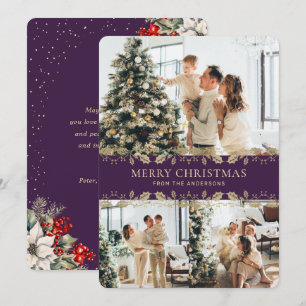 Elegant Purple Gold Botanical Photo Christmas Card