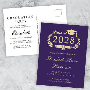 Elegant Purple Gold College Graduation Party Invitation Postcard