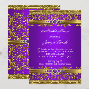 Elegant Purple Gold Damask Diamond Birthday Invitation