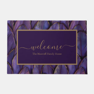 Elegant purple gold feathers family name welcome doormat