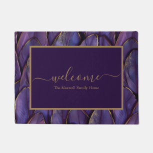 Elegant purple gold feathers name welcome  doormat