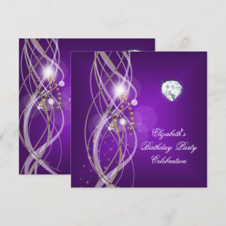 Elegant Purple Gold Floral Diamond Birthday Party Invitation