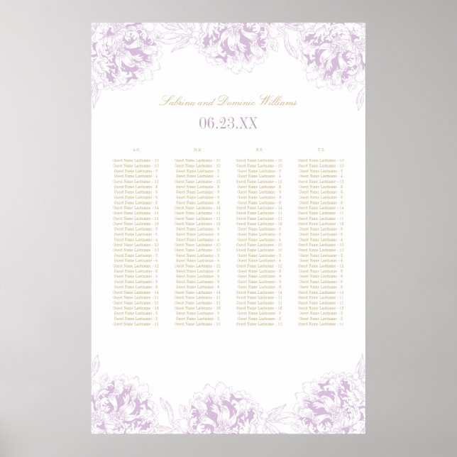 Elegant Purple Gold Floral Peony Wedding Seating Poster (Front)