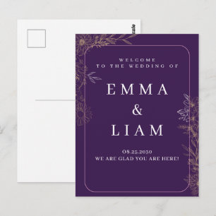 Elegant Purple Gold Floral Wedding Welcome Postcard