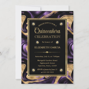 Elegant Purple Gold Foil Marble Quinceanera Invitation