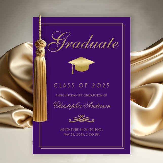 Elegant Purple Gold Formal Script Graduation  Announcement (Elegant Graduate Graduation Announcement with Gold Grad Cap, calligraphy script purple background)