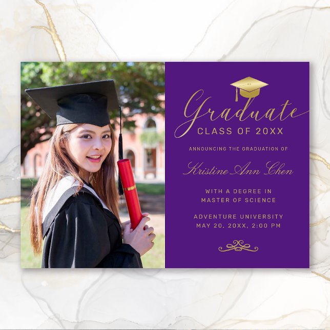 Elegant Purple Gold Formal Script Photo Graduation Announcement (Elegant Purple Gold Calligraphy Photo Graduation Announcement)
