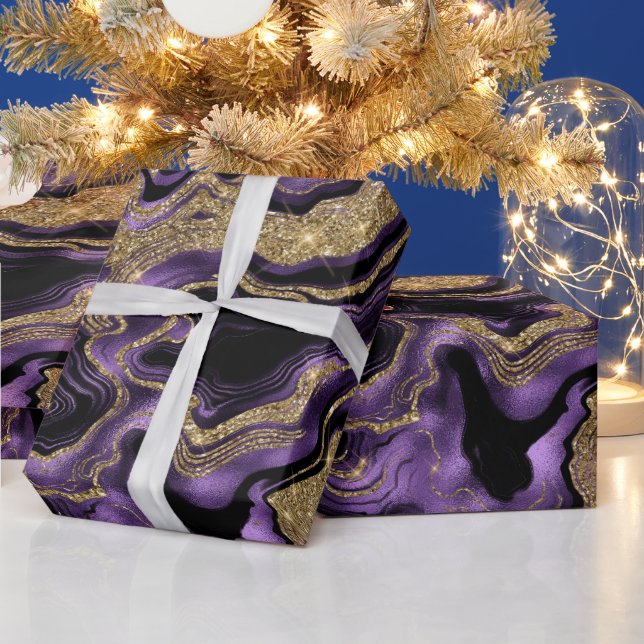 Elegant Purple & Gold Glitter Agate Birthday Wrapping Paper (Holidays)