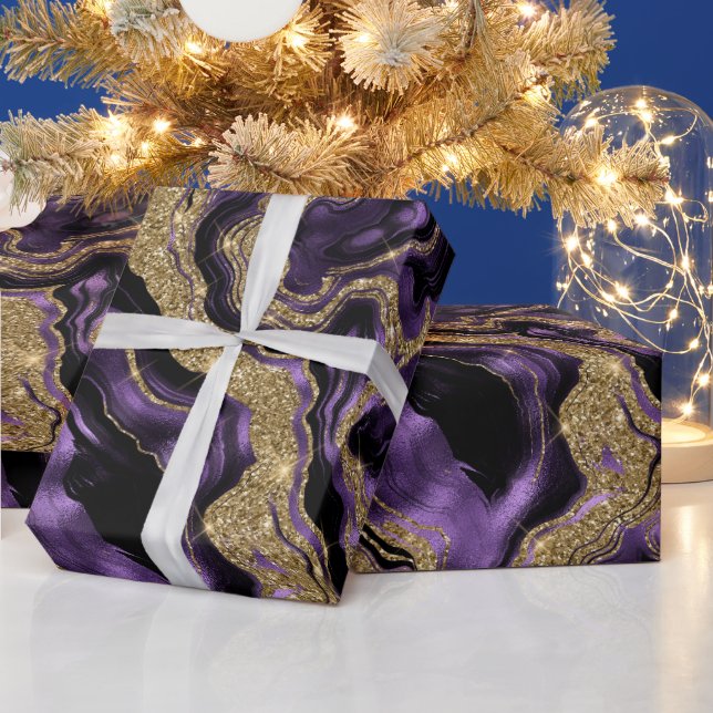 Elegant Purple & Gold Glitter Agate Birthday Wrapping Paper (Holidays)