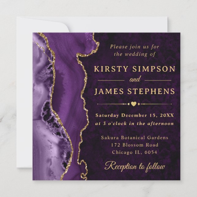 Elegant Purple Gold Glitter Agate Wedding Invitation (Front)
