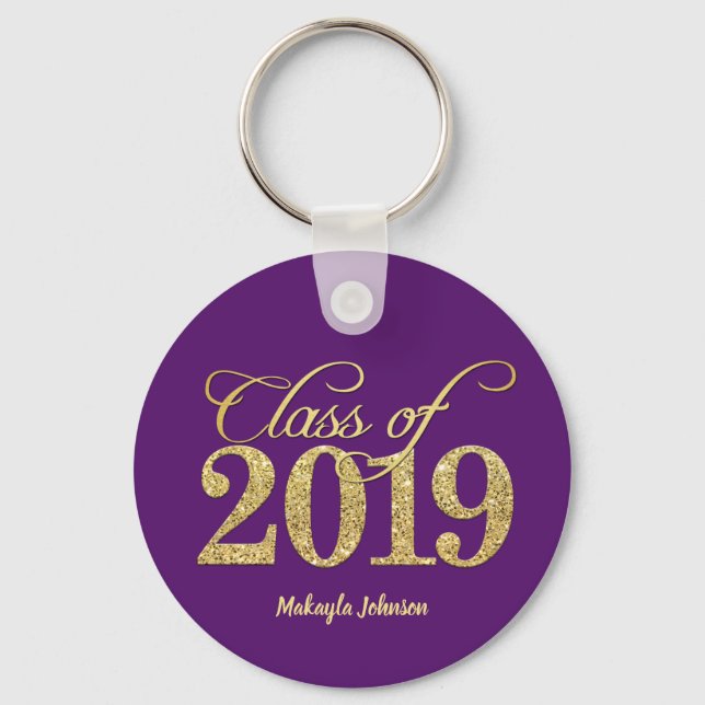 Elegant Purple & Gold Glitter Class of 2019 Keychain (Front)
