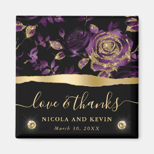 Elegant Purple & Gold Glitter Rose Floral Wedding Magnet