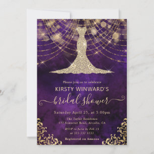 Elegant Purple Gold Gown Bridal Shower Invitation