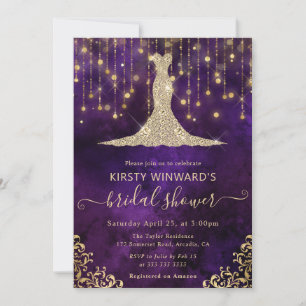 Elegant Purple Gold Gown Bridal Shower Invitation