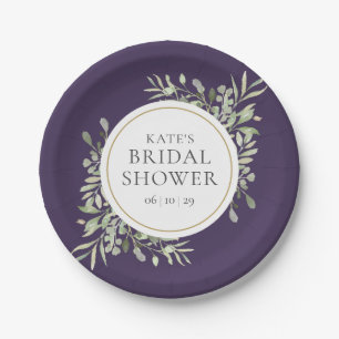 Elegant Purple Gold Greenery Bridal Shower Paper Plate